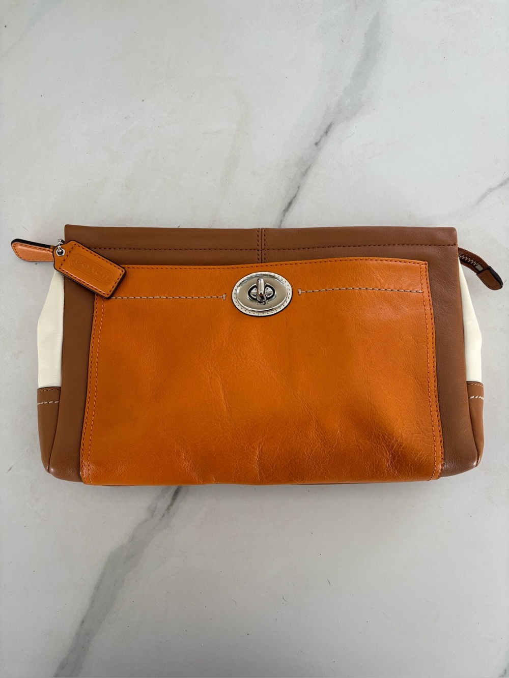 Coach Colorblock Leather Clutch Orange Cognac Brown Turnlock Bag Pouch Classic